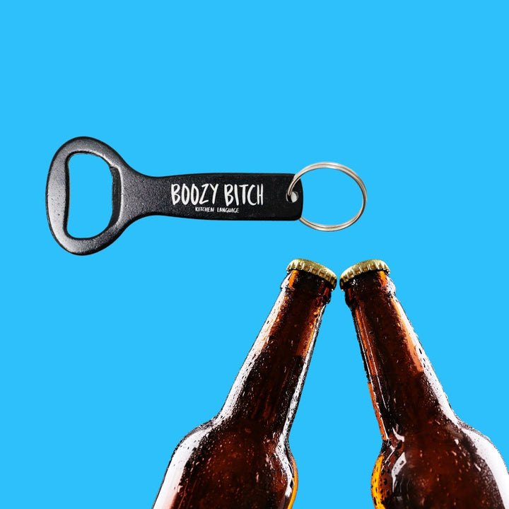 Boozy Bitch key chain bottle opener with beer