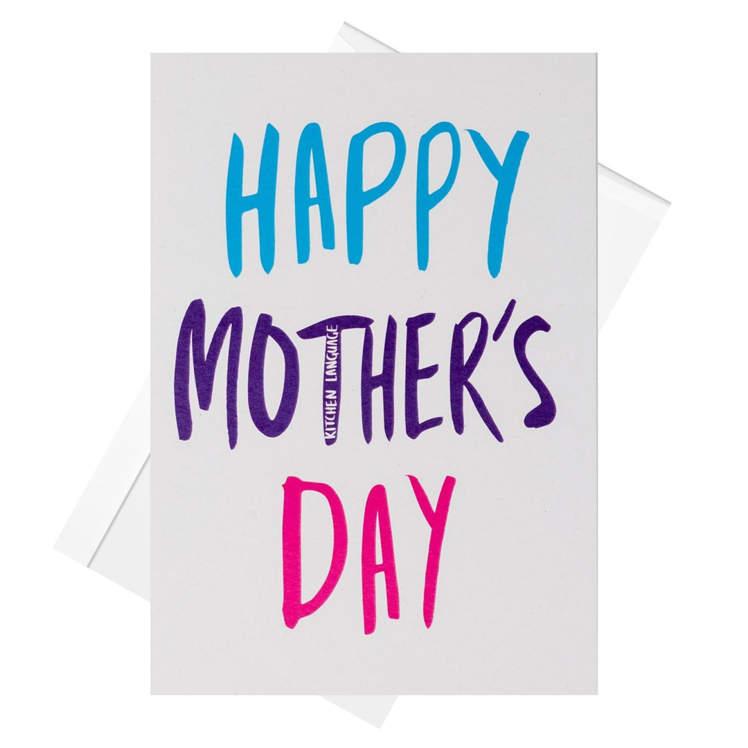 Greeting card with 'Happy Mother's Day' text in blue, purple, and pink on a white background, cheeky message inside