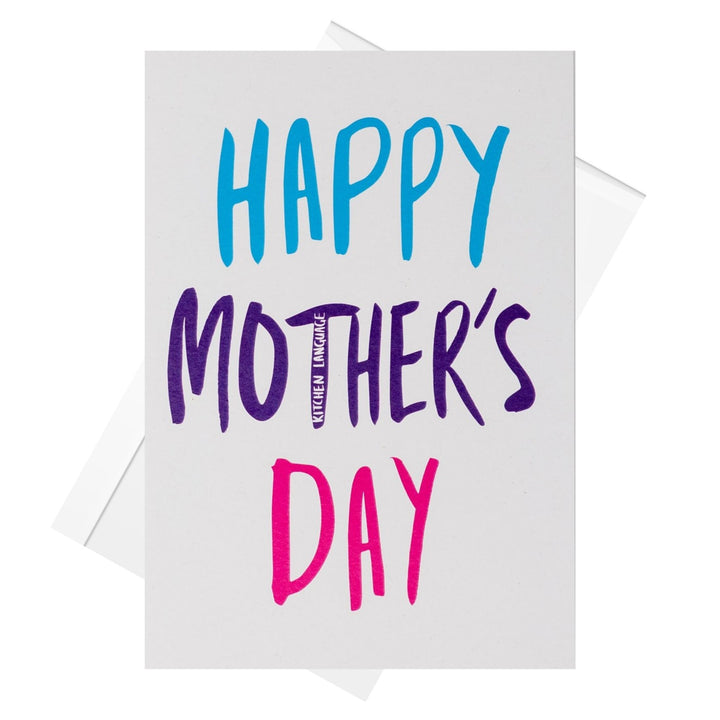 Greeting card with 'Happy Mother's Day' text in blue, purple, and pink on a white background, cheeky message inside