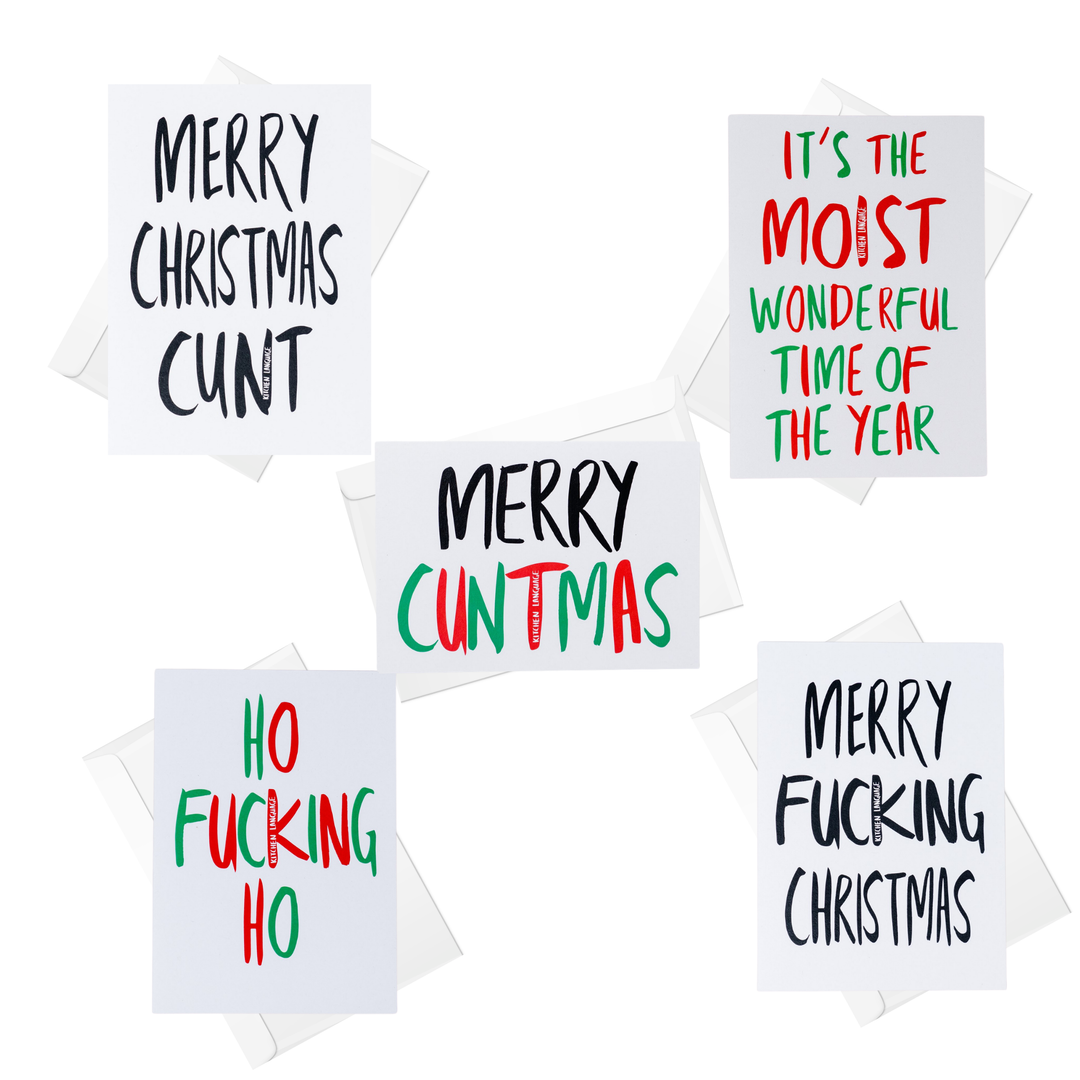 Set of Christmas-themed cards with offensive language on a white background
